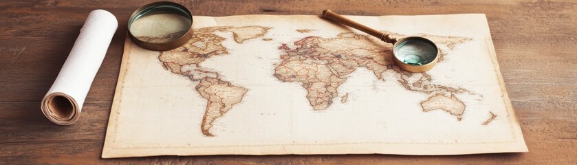 Vintage world map with magnifying glasses and rolled paper.