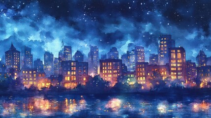 Obraz premium A watercolor nightscape of a city skyline under a velvety night sky, with glowing windows and shimmering reflections on the river below, creating a cozy and romantic ambiance