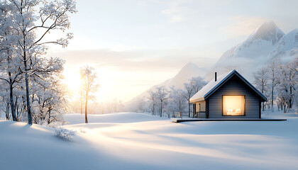 Obraz premium Cozy cabin retreat winter forest scenic landscape snowy environment serene view winter sunset vibes