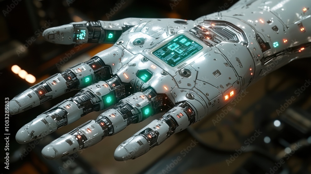 Poster futuristic robotic hand with intricate design and glowing elements.