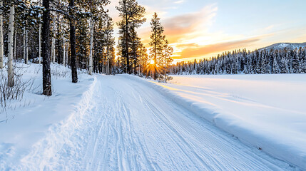 Obraz premium Sunset walk winter forest scenic nature photography snowy landscape serene viewpoint tranquil beauty