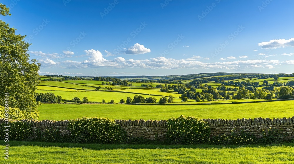 Poster a serene view of a rolling countryside with a stone wall dividing lush green fields under a bright b