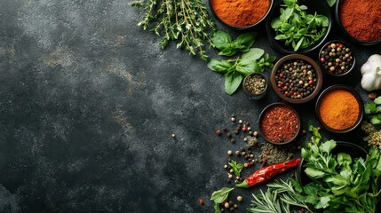Various spices on a dark background. This photo is perfect for food blogs, recipe websites, or any content related to cooking and food.