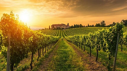 A serene view of a tranquil countryside vineyard with rows of grapevines stretching towards a distant farmhouse under a golden sunset, Countryside vineyard scene, Picturesque style