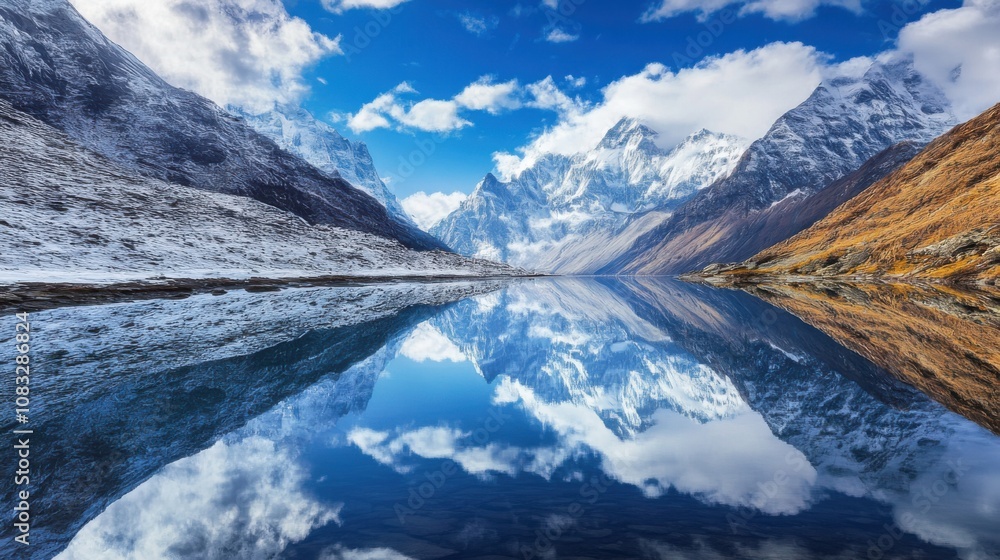 Poster a serene view of a tranquil lake surrounded by towering mountains dusted with snow, reflecting the a