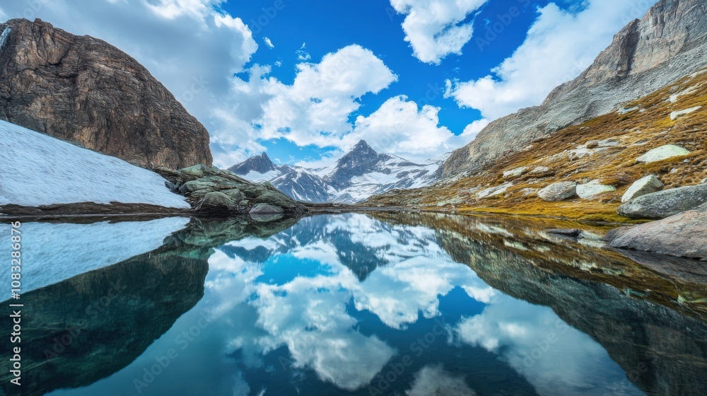 Poster a serene view of a tranquil lake surrounded by towering mountains dusted with snow, reflecting the a