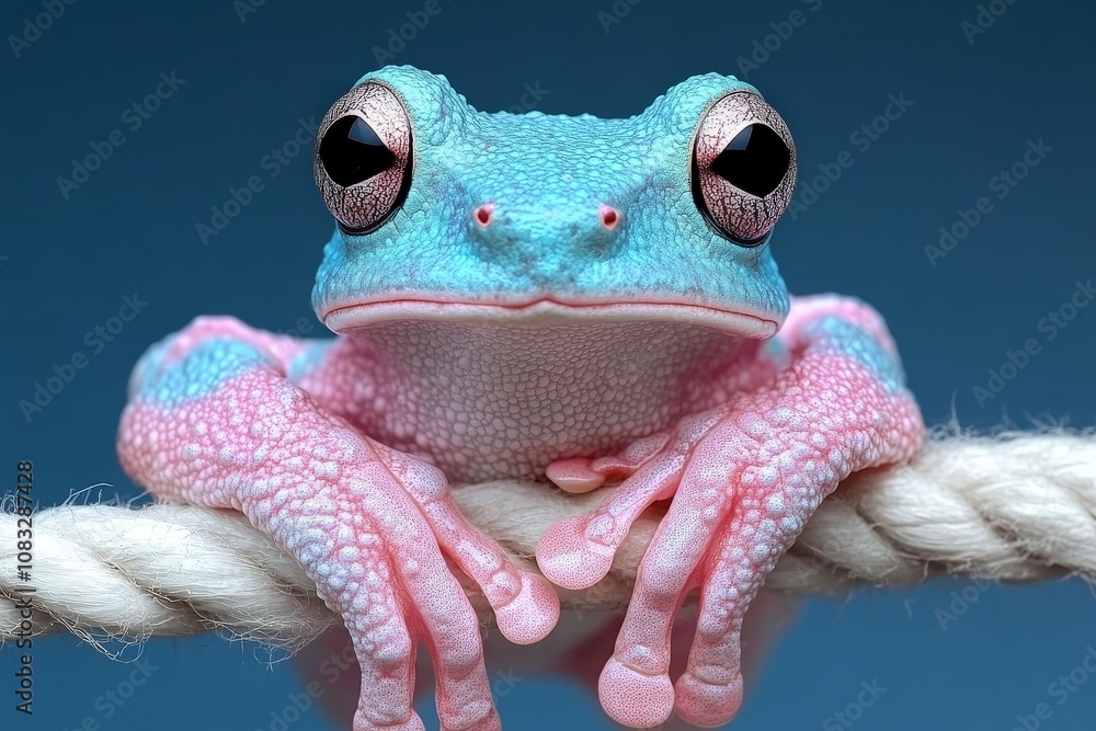 Poster macro shot of a vibrant blue tree frog with intricate patterns resting on a branch symbolizing detai