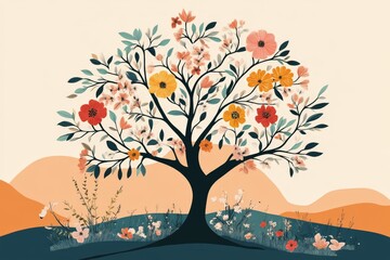 Obraz premium Blooming artistic tree surrounded by autumn leaves and flowers placed on a serene hilly backdrop symbolizing natural beauty and transition