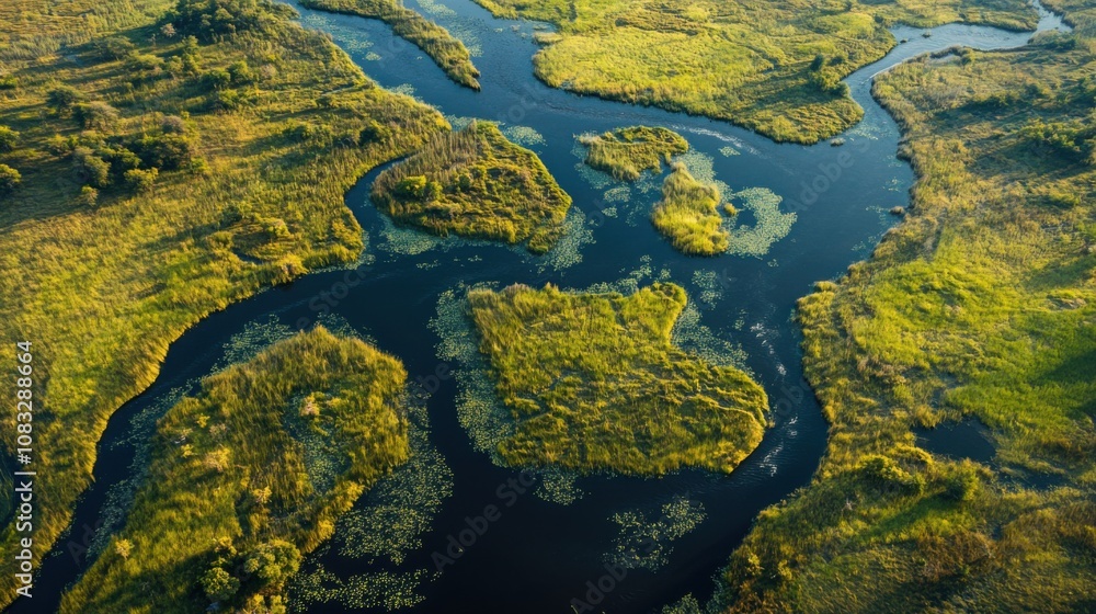 Poster a stunning aerial perspective of the sprawling okavango delta in botswana, with its intricate networ