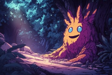 Fototapeta premium Enchanted forest glowing with mysterious pink tree trunk magical lighting deep green foliage and vibrant fantasy ambiance in ethereal digital art style