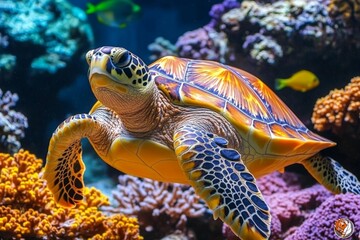 Fototapeta premium Tropical underwater photograph of a sea turtle swimming among multicolored coral formations featuring bright hues natural lighting and diverse marine life