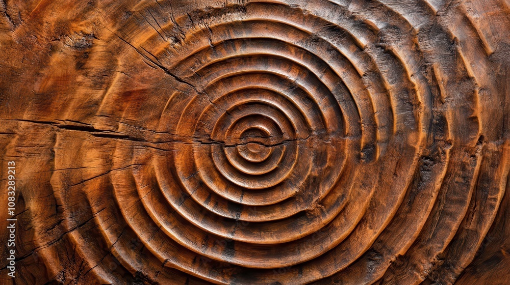 Poster Carved wooden circles create a textured background. This image is ideal for design projects that require a rustic or natural aesthetic.