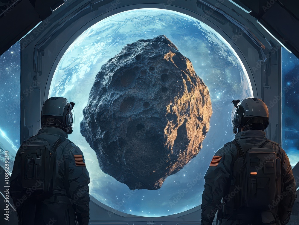 Poster astronauts observing asteroid from space station outer space digital art sci-fi environment perspect