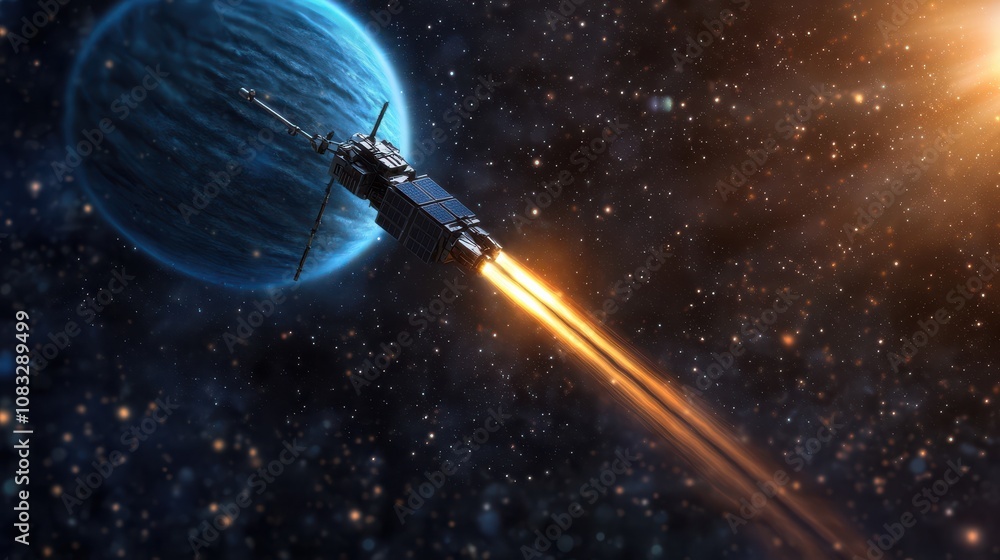 Poster rocket launching into space towards planetary exploration outer space digital art celestial environm