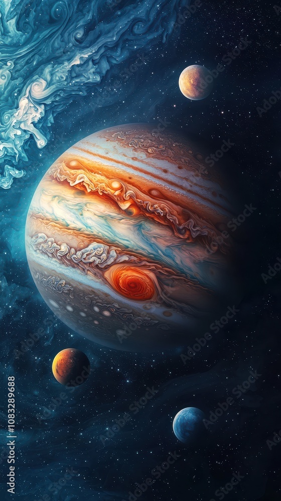 Poster exploring the wonders of jupiter and its moons outer space digital art cosmic environment wide angle