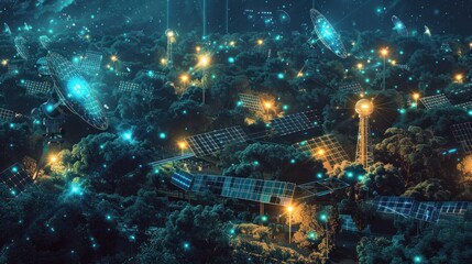 Futuristic city with glowing lights and solar panels, surrounded by forest, with glowing geometric patterns overhead.