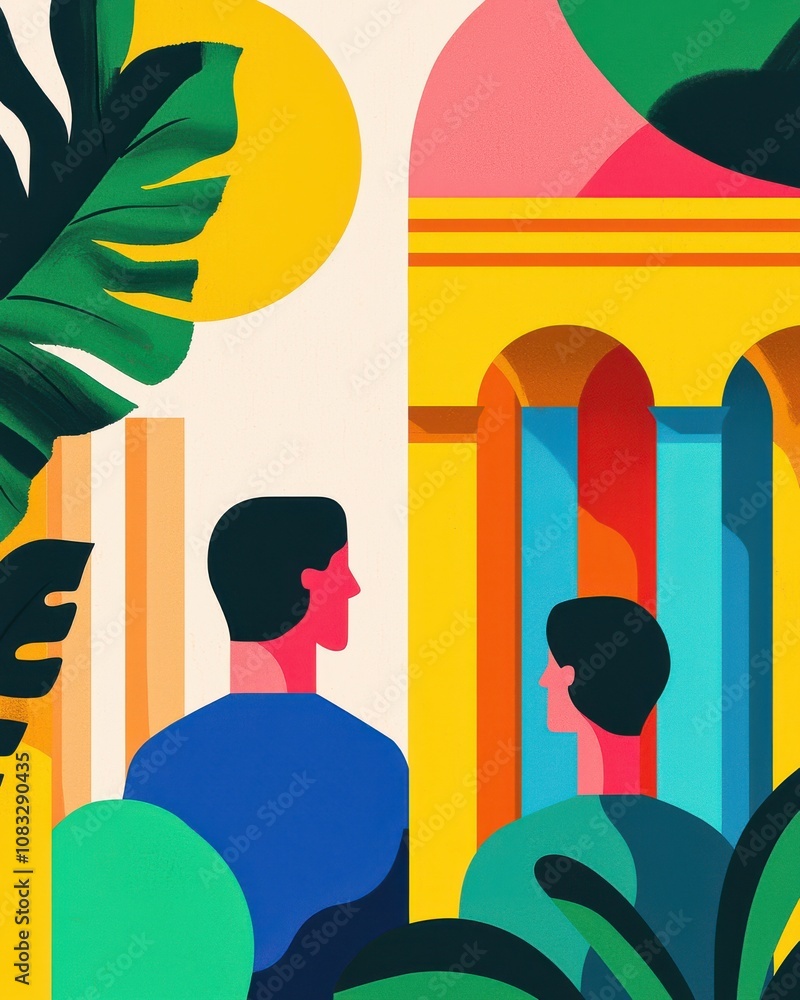 Poster artistic interaction between figures in vibrant setting abstract environment colorful perspective
