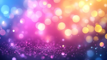Obraz premium Festive christmas glitter background featuring shimmering multicolor bokeh lights with overlapping twinkling pink, blue, and yellow spots for a magical holiday atmosphere and elegant decorative backdr