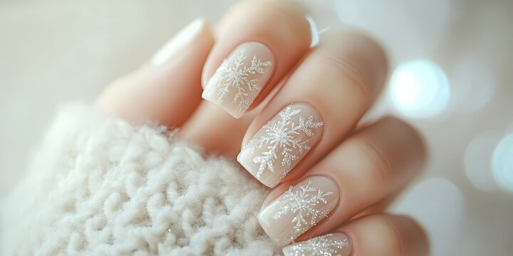 Elegant Winter Nail Art: Snowflake Design on Beige Nails.