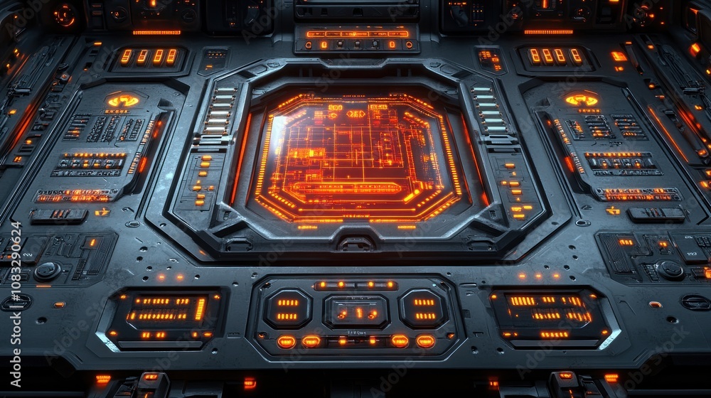 Poster futuristic control panel with glowing orange circuitry and buttons.