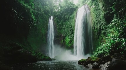 Obraz premium A stunning view of a cascading waterfall in a tropical rainforest, with lush greenery and mist rising from the falls, Tropical waterfall scene
