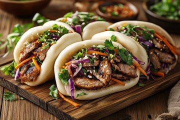 Pulled pork bao buns topped with pickled purple cabbage and fresh herbs served on a rustic wooden board showcasing Asian inspired street food and gourmet culinary fusion
