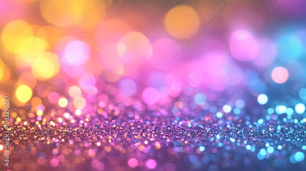 Sticker festive christmas glitter background featuring shimmering multicolor bokeh lights with overlapping t