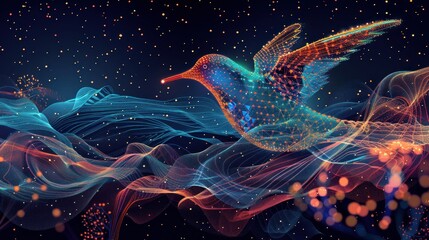 Obraz premium A digital hummingbird in flight, made of glowing particles, soars through a field of colorful, swirling energy, against a dark blue background dotted with sparkling light.
