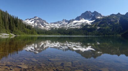 A stunning view of a crystal-clear alpine lake with reflections of snow-capped peaks and evergreen forests, Alpine lake scene, Pristine style