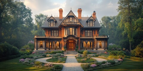 Fototapeta premium A grand Victorian mansion with intricate details, surrounded by a lush green lawn and flower gardens.