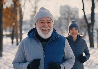 Smiling Senior Man Running with Woman in Winter Park