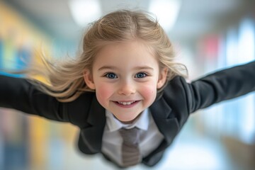 A girl in formal attire leans forward, arms outstretched and smiling brightly, adding a playful vibe to this lively portrait.