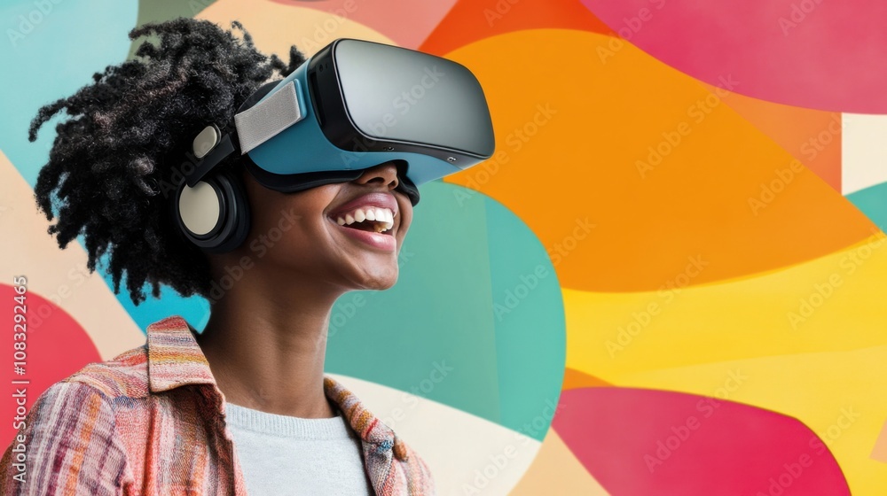 Poster smiling person using vr technology with a colorful futuristic backdrop