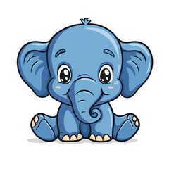 Naklejka premium Cute Blue Baby Elephant Cartoon Illustration with Big Eyes and Smiling Face Sitting on White Background