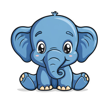 recommend clip art: Cute Blue Baby Elephant Cartoon Illustration with Big Eyes and Smiling Face Sitting on White Background
