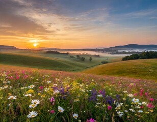 Obraz premium Vibrant Fields of Colorful Wildflowers Stretching Across a Rolling Meadow, Framed by Distant Hills and a Golden Sunrise in the Horizon, Captured for a Scenic Nature Landscape