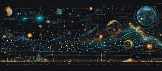 Abstract digital art depicting a galaxy with planets, stars, and swirling nebulae against a dark background.