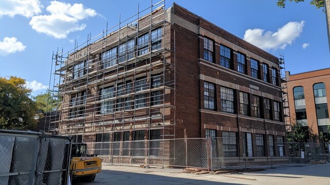 A brick building under construction with scaffolding covering the front facade.