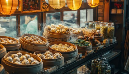Traditional Chinese food stall in a busy market, featuring hanging roasted meats, bamboo steamers filled with dumplings, baskets of fresh herbs, and jars of preserved vegetables