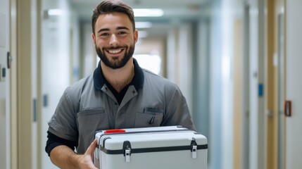 Smiling courier holding a medical cooler in a hospital corridor, symbolizing healthcare logistics and patient care