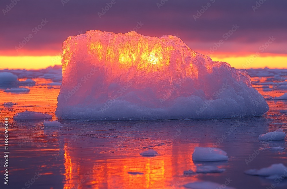 Poster here's a description and keywords for your image... fiery sunset illuminates a glacial iceberg in ar