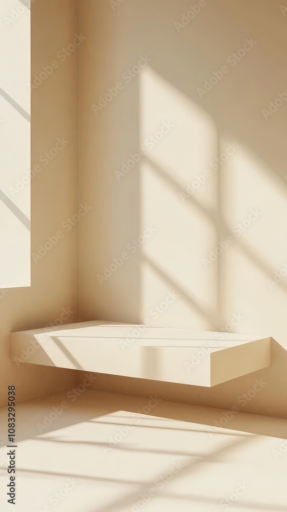 Poster minimalist interior design with a floating shelf and sunlight.