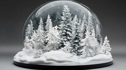 A winter wonderland scene inside a glass dome with snow-covered trees and a snowy ground.