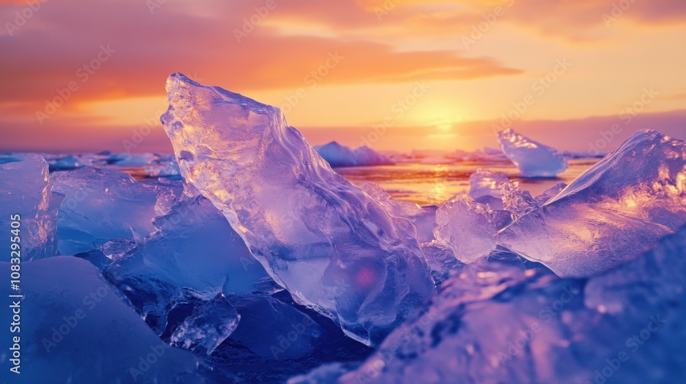 Aufkleber a surreal image of intricate ice formations glowing under the colors of sunset in j枚kuls谩rl贸n glacie
