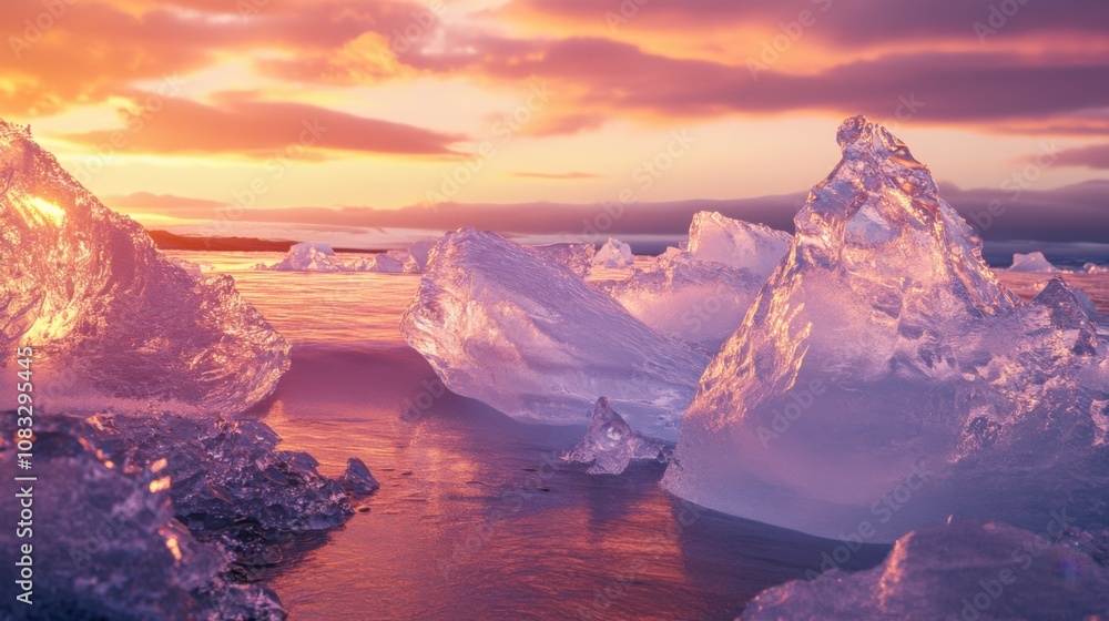 Aufkleber a surreal image of intricate ice formations glowing under the colors of sunset in j枚kuls谩rl贸n glacie
