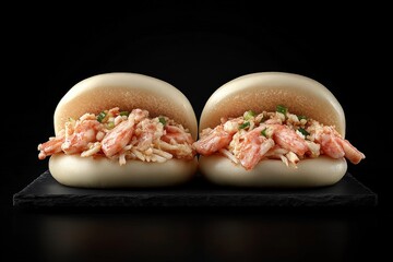 Pulled pork bao buns topped with pickled vegetables served on a black slate plate showcasing bold fusion flavors and Asian inspired presentation