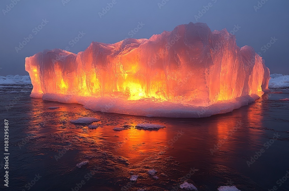 Poster here's a description and keywords for the image.. glowing iceberg at twilight, reflecting in dark wa