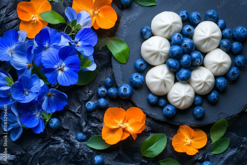 Poster Creative flat lay composition of edible flowers and blueberries arranged in a symmetrical pattern on a dark textured background for an artistic presentation