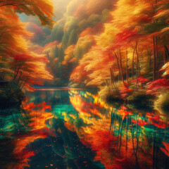 Fototapeta premium A serene autumnal landscape with a lake reflecting vibrant fall foliage