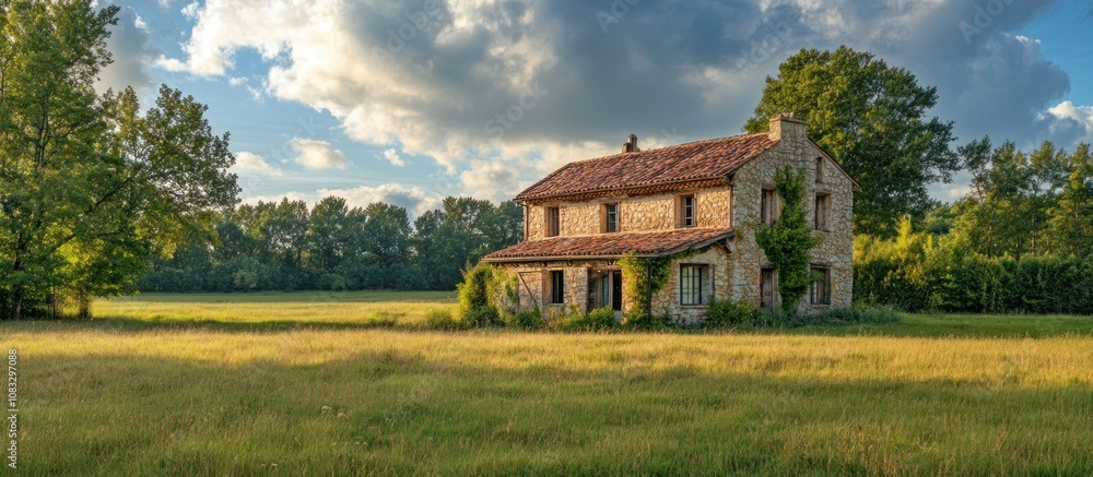 Poster abandoned stone house in a field with trees and cloudy sky.